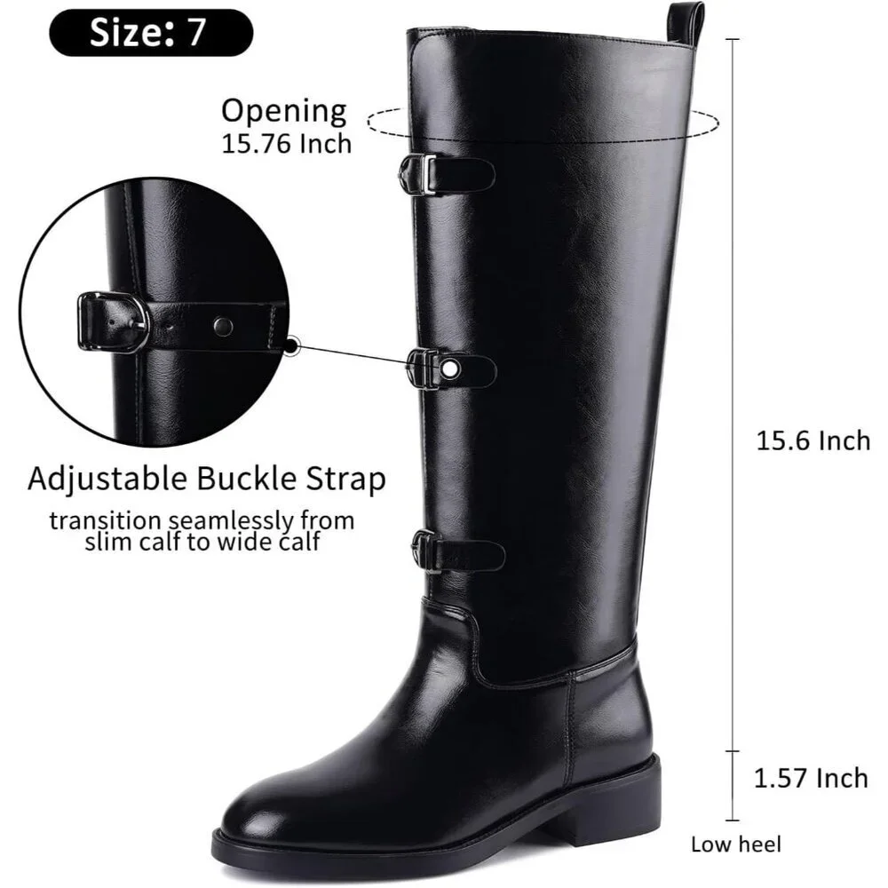 Women's C-black Chunky Low Heel Pull On Riding Comfortable Knee High Boots
